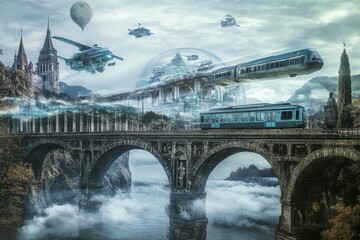 Fototapeta premium Futuristic trains, flying vehicles, ancient bridge, misty landscape.