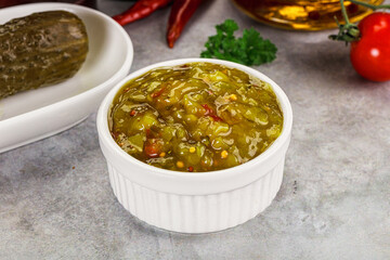 Souce gherkin relish with marinated cucumbers