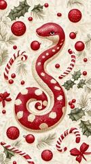 Gold Sheen Snake on Festive Red & White with Ribbons