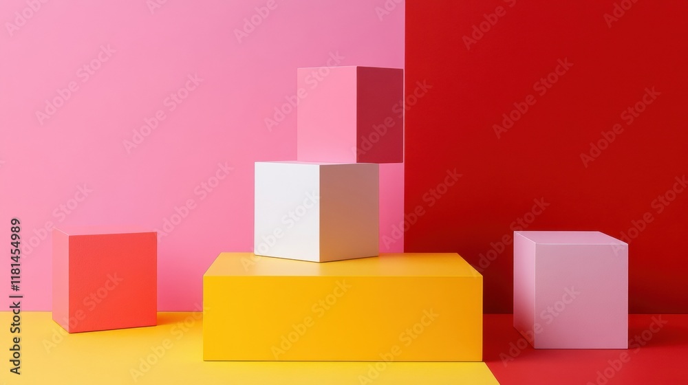Poster bright geometric blocks stack on a colorful backdrop, creating a visually striking composition with 