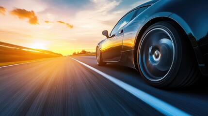 Dynamic Black Car Speeding on Open Road at Sunset