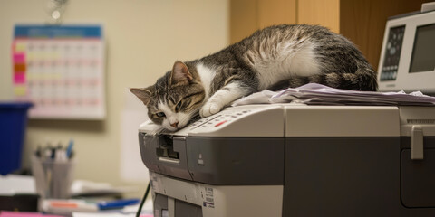 Curious Cat Relaxing on Copier Machine in Busy Office Setting