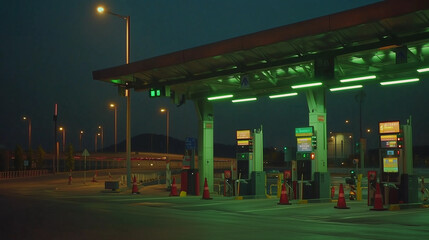 Electronic toll collection gate glowing at night, showcasing modern transportation technology and seamless automated payment systems for efficient traffic flow.