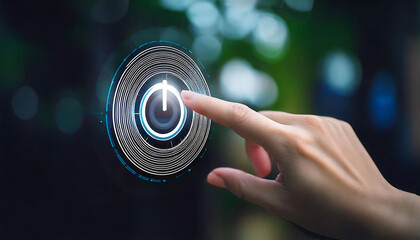 Close-up of a hand interacting with a futuristic power button interface.  The image evokes concepts of technology, innovation, and activation.