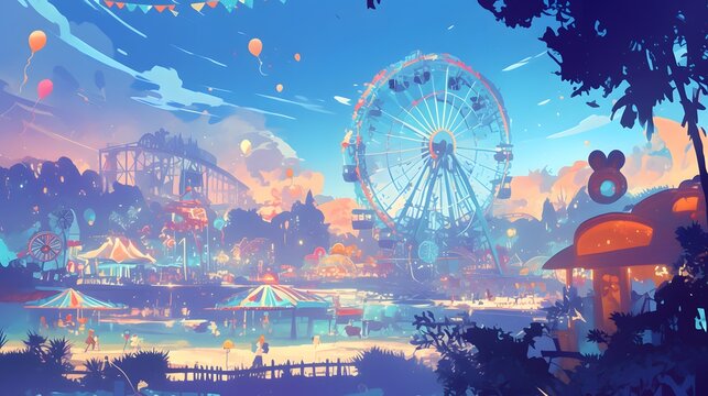 Theme park background with a Ferris wheel and vibrant, animated atmosphere