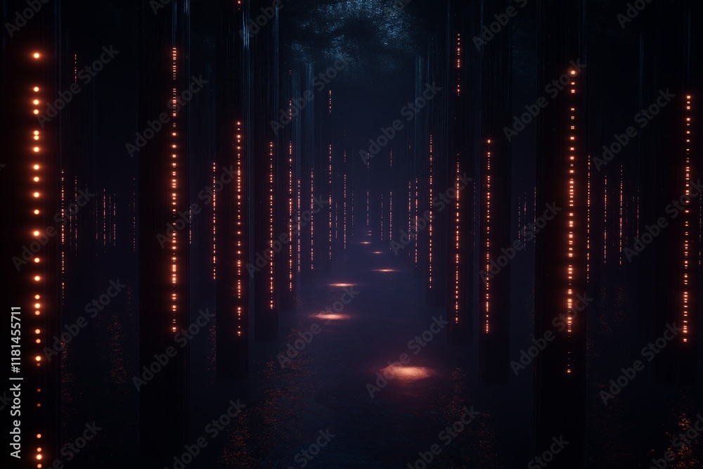 Poster a magical fractal forest with glowing pathways leading to unknown dimensions.