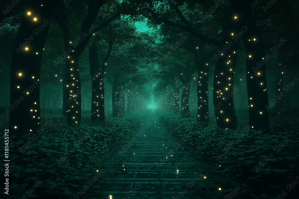Poster A magical fractal forest with glowing pathways leading to unknown dimensions.