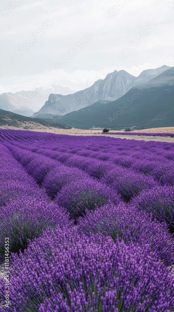 Wall mural Beautiful lavender field with mountains in the background under a clear blue sky