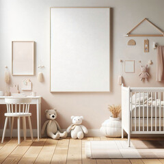 interior of a room, a baby's room with a crib, desk, and a poster on the wall with a bear doll