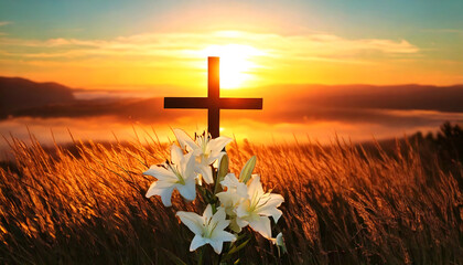 Serene sunset scene featuring a wooden cross silhouetted against a vibrant orange sky, surrounded by white lilies and tall grass.