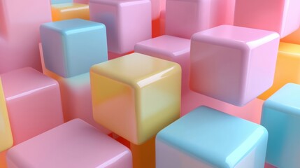 Obraz premium Colorful pastel cubes interlock in a playful arrangement, showcasing soft shades of pink, blue, and yellow for a modern design element