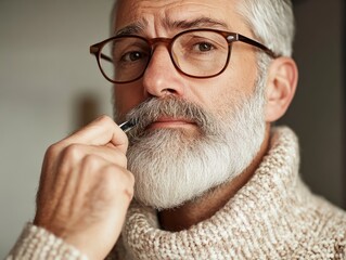 Fototapeta premium Mature man grooming beard with trimmer in cozy knit sweater