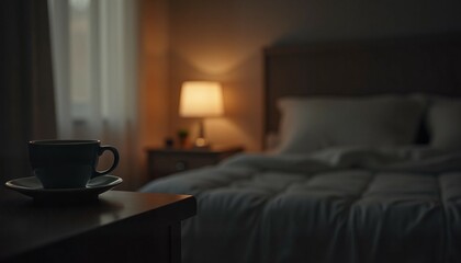 
Title:
Dimly Lit Bedroom with a Cup of Tea on the Nightstand, Focus on the Bed, Representing Rest and Tranquility