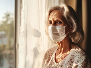 Senior woman wearing mask by window in contemplative mood during pandemic