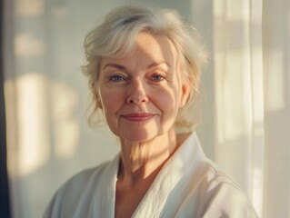 Graceful senior woman in soft light for wellness and beauty concepts