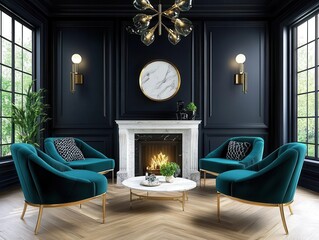 Bold neoclassical living room with navy walls and gold accents