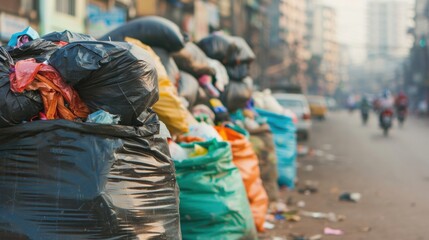 Garbage bags in various colors are stacked along a city street, illustrating ongoing waste disposal challenges in a densely populated area
