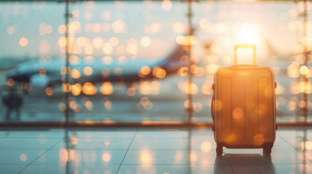 A suitcase stands at a bustling airport as a plane prepares for departure, illuminated by the warm glow of the sunset outside