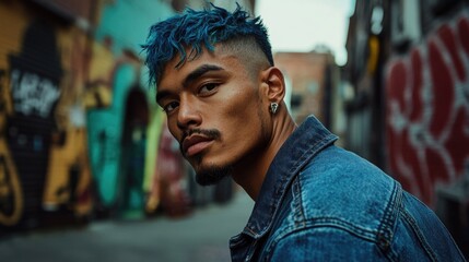 Obraz premium Urban style portrait with blue hair in graffiti alley ambiance