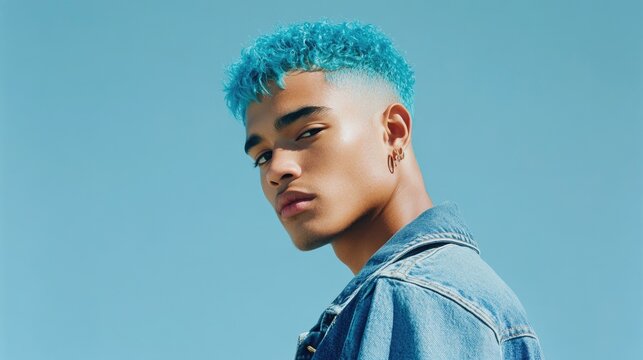 Trendy young man with blue hair in denim jacket against blue sky