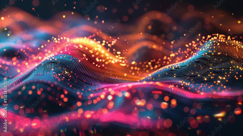 Poster colorful abstract digital waves undulate with glowing dots, creating a captivating visual impact in 
