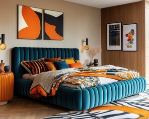 Maximalist bedroom with teal velvet bed and colorful textiles