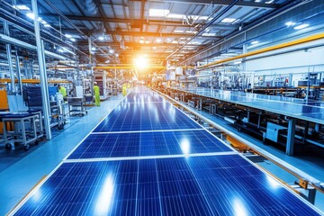 Fototapeta premium Solar Panel Manufacturing Line with Workers and Equipment