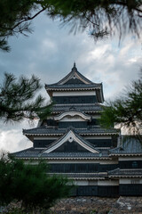 Matsumoto Castle framed by tree leaves
