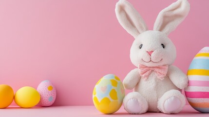 Obraz premium Easter Bunny on a pink background with a colorful painted egg, symbolizing the celebration of Easter, spring, and holiday traditions with vibrant colors and festive atmosphere