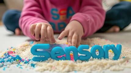 Child engaging in sensory play with colorful textures for early childhood development. Sensory integration therapy. Activities Montessori, games for sensory processing disorder