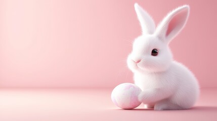 Obraz premium Easter Bunny on a pink background with a colorful painted egg, symbolizing the celebration of Easter, spring, and holiday traditions with vibrant colors and festive atmosphere