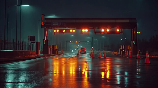 Electronic toll collection gate glowing at night, showcasing modern transportation technology and seamless automated payment systems for efficient traffic flow.