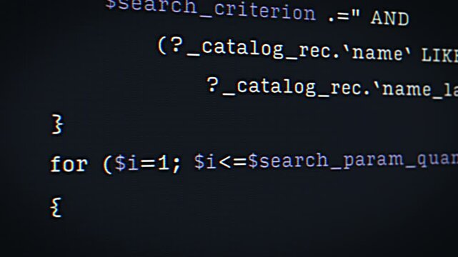 Programming Language Code Sequence with Complex Logic and Syntax. Close Up Computer Screen with Software Developer Coding Algorithm and Script Structure on a Black Background. IDE Interface