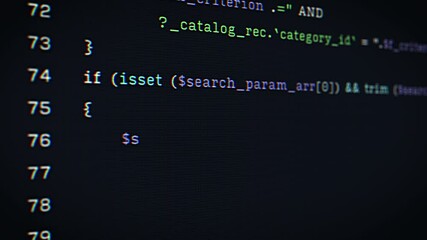 Advanced Computer Software Running a Complex Automation Function on Digital Screen. Display Showing Programming Source Code, Process with System Information on a Dark-Themed Background