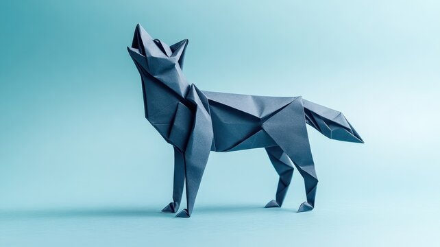 Origami howling wolf sculpture on a blue background.