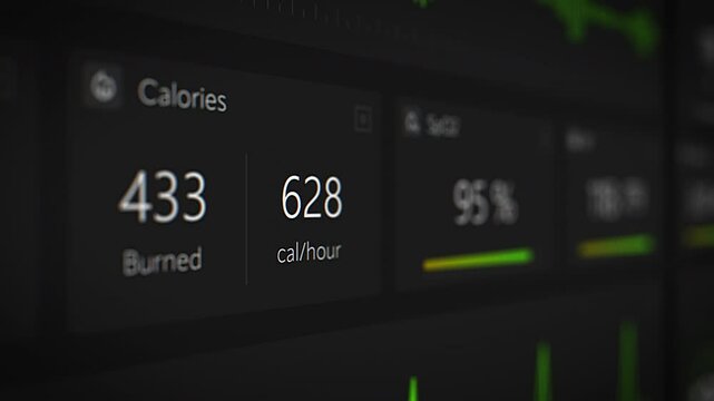 Fitness App Design in Close Up on a Computer Screen. Exercise Information Showing Travelled Distance, Current and Average Pace, Burned Calories, SpO2 Levels Monitor and Other Performance Data