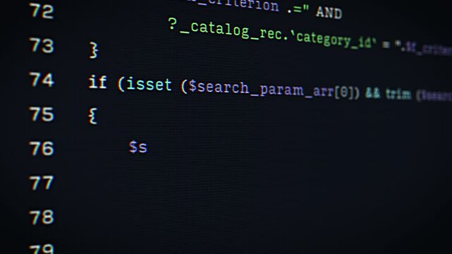 Advanced Computer Software Running a Complex Automation Function on Digital Screen. Display Showing Programming Source Code, Process with System Information on a Dark-Themed Background