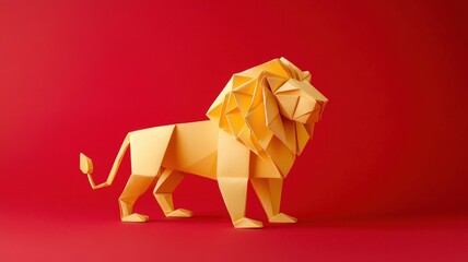 Origami lion sculpture on a vibrant red background.
