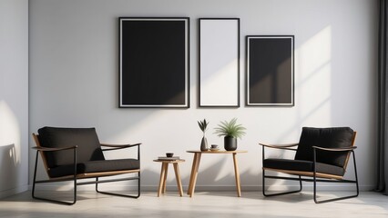 Black wall background with minimal chairs, and blank poster frame