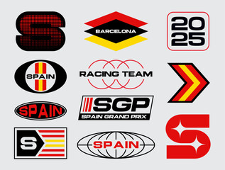 Set streetwear auto racing logo ideas for a clothing brand. Design vector typography for decals auto and t-shirt Spain streetwear clothing y2k style.
