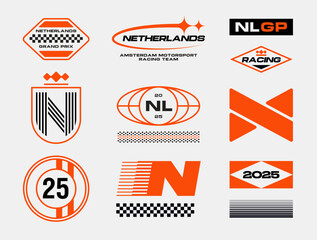 Set streetwear auto racing logo ideas for a clothing brand. Design vector typography for decals auto and t-shirt Netherlands streetwear clothing y2k style.