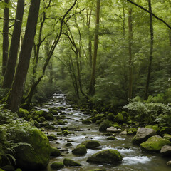 Fototapeta premium A serene forest stream winds through a dense, verdant forest