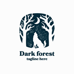 Wolf forest silhouette with the moon illustration, logo, symbol, vector template. Dark forest logo.