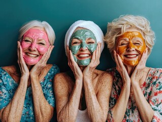 Joyful senior women enjoying colorful facial masks while relaxing together