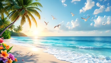 Serene Tropical Beach with Palm Trees and Vivid Sunset Over Crystal Clear Waters