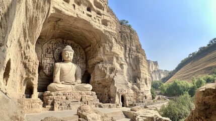Majestic Buddha Statue Carved into a Mountain Cave