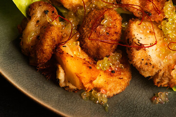 Lion's mane breaded with salad and finger limes, caviar limes. Lions mane mooshroom