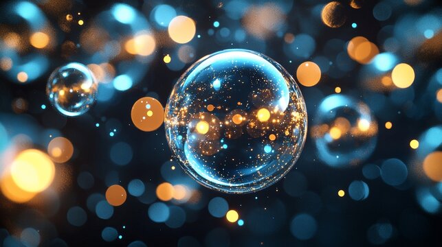 Glowing orbs float in dark space with bokeh.