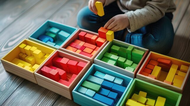 Colorful wooden building blocks for creative learning and child development play. Sensory integration therapy. games for sensory processing disorder