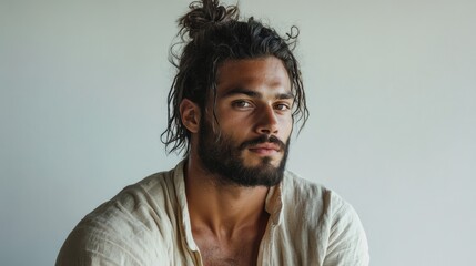 Fototapeta premium Contemplative portrait of a young man with a beard and casual attire